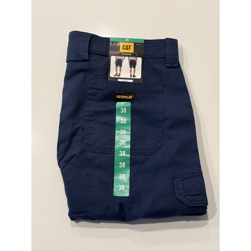 CAT Men's Cargo Shorts 38 Blue Canvas Flat Front Workwear Outdoor Pockets